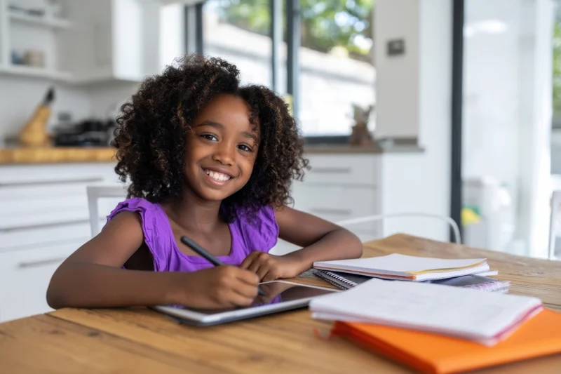 Young girl smiling while writing on a tablet at a wooden kitchen table
