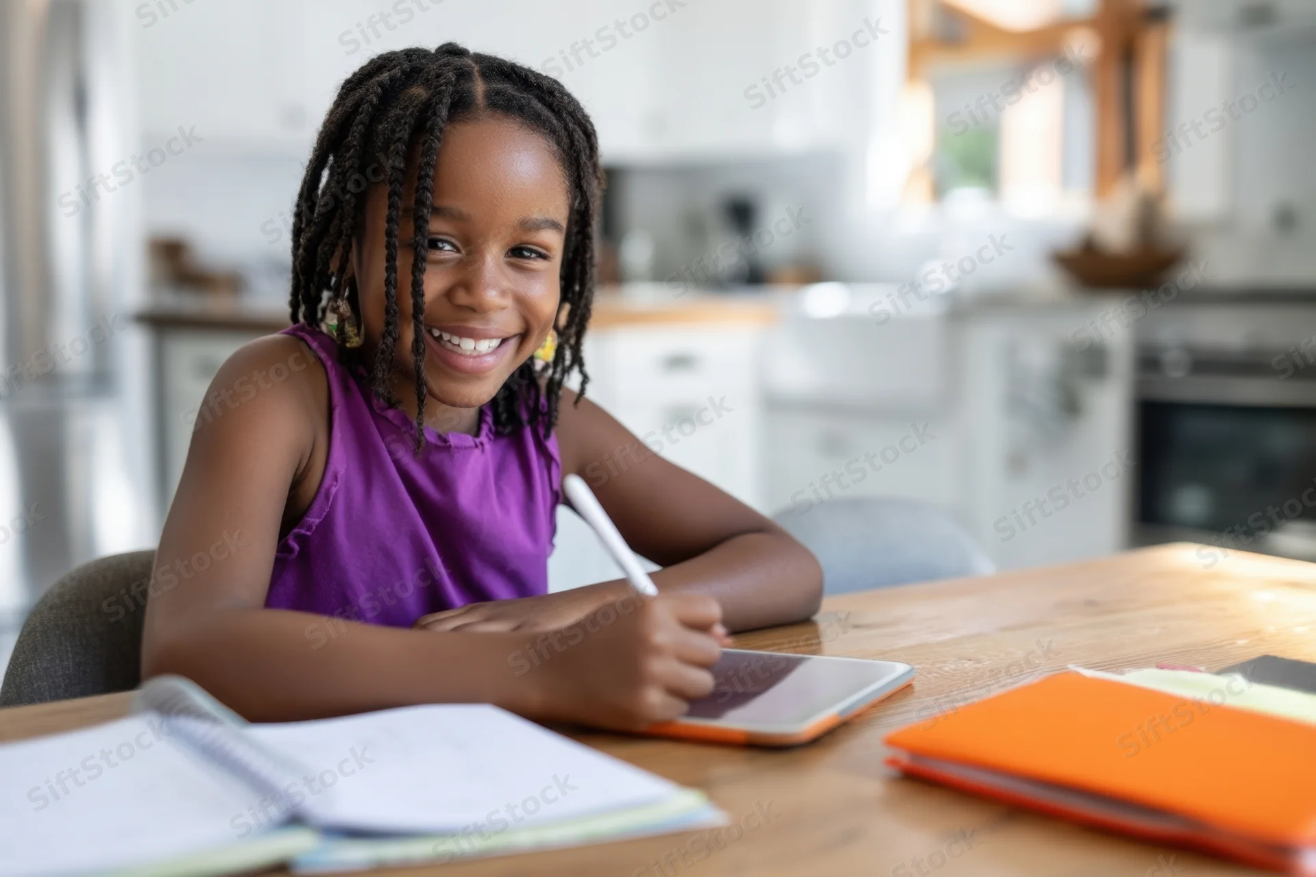 Young girl smiling while writing on a tablet at a wooden kitchen table