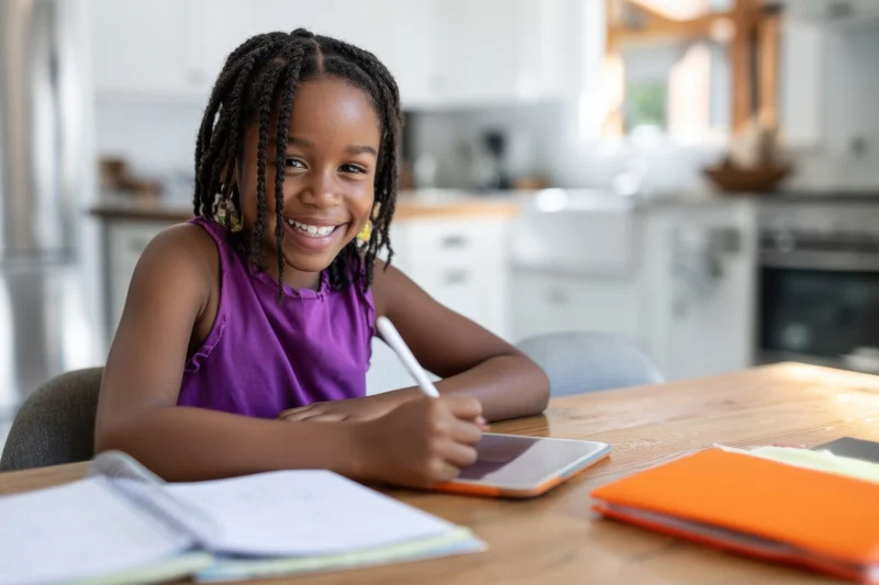 Young girl smiling while writing on a tablet at a wooden kitchen table