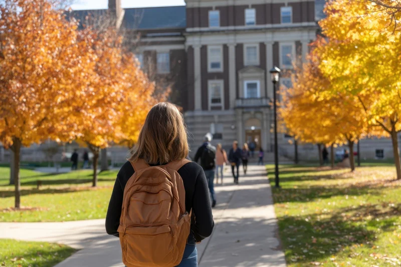 Student with brown backpack walking along campus pathway in autumn