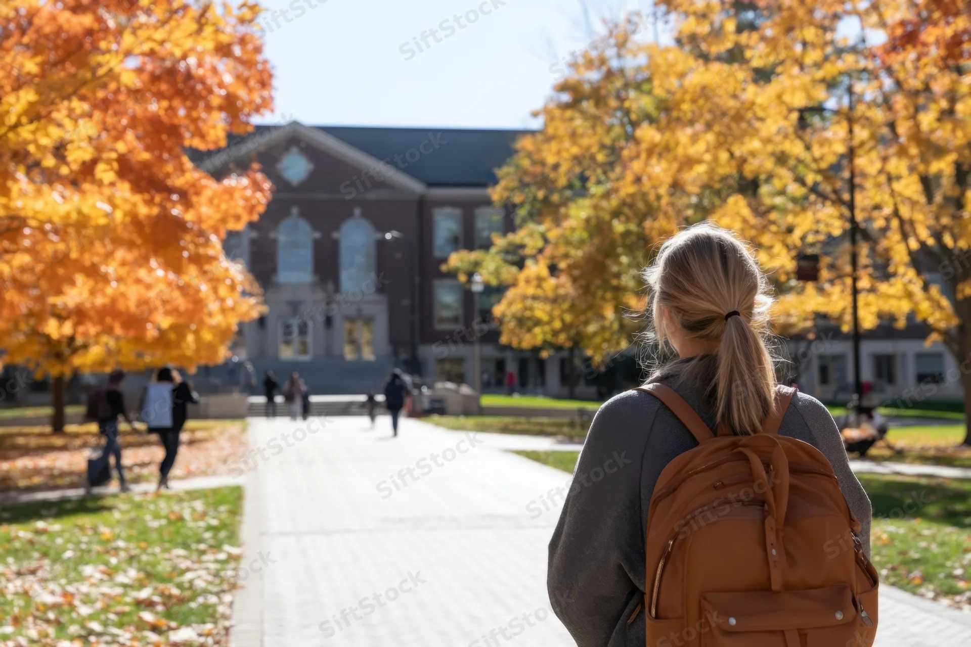 Student with brown backpack walking toward campus building on autumn day