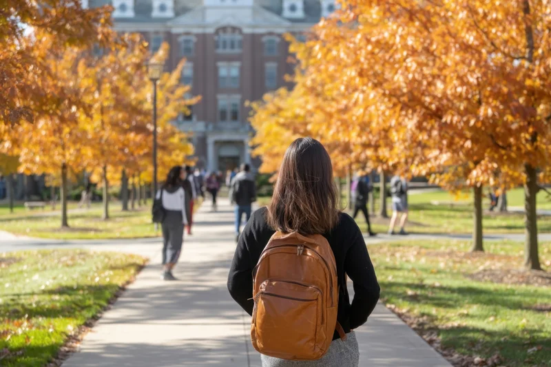 Student with brown backpack walking along campus pathway lined with autumn trees