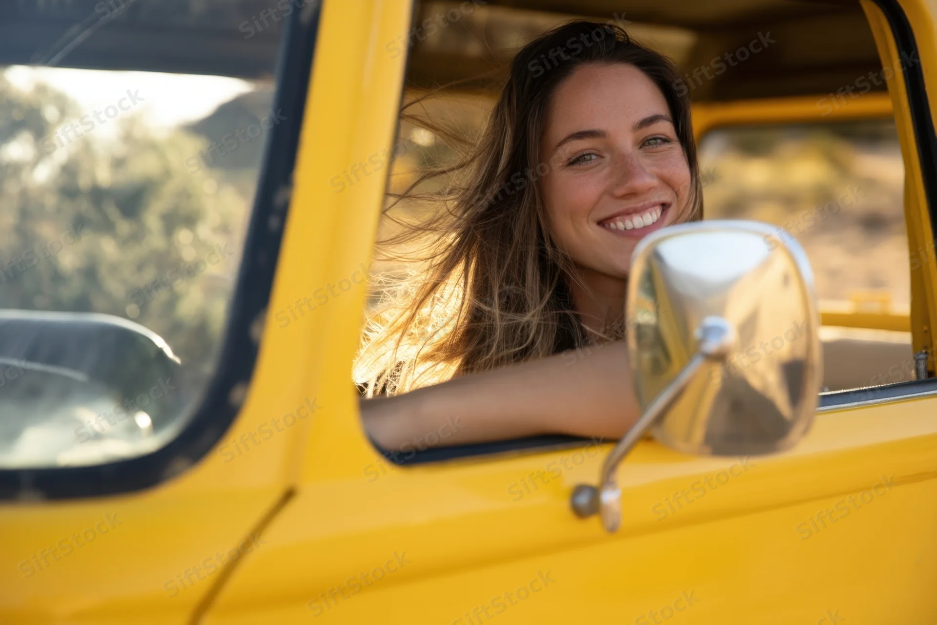 Woman smiling from open window of vintage yellow van on sunny day