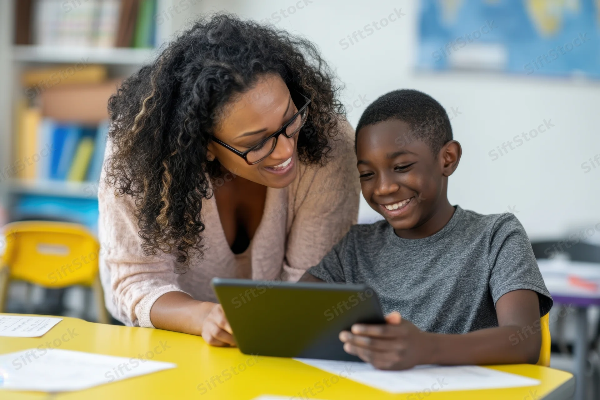 Teacher leaning beside smiling student using tablet at yellow desk in classroom