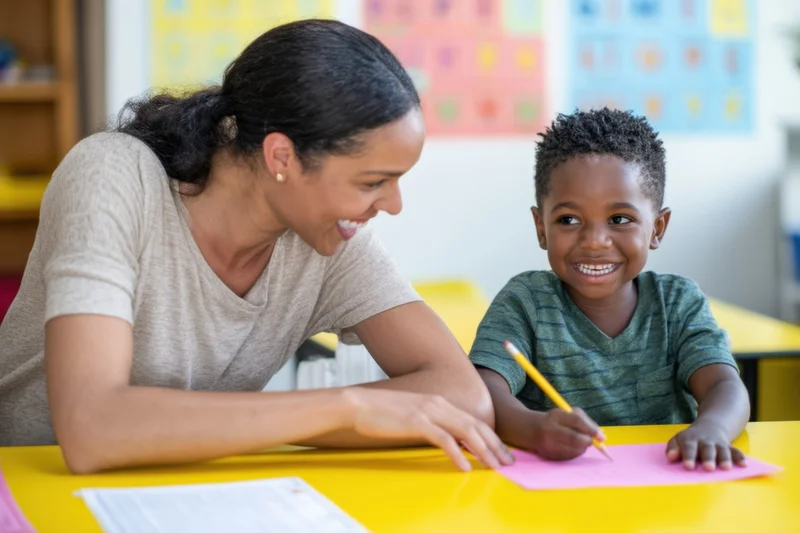 Teacher smiling beside young boy as he writes on pink paper at yellow desk in classroom