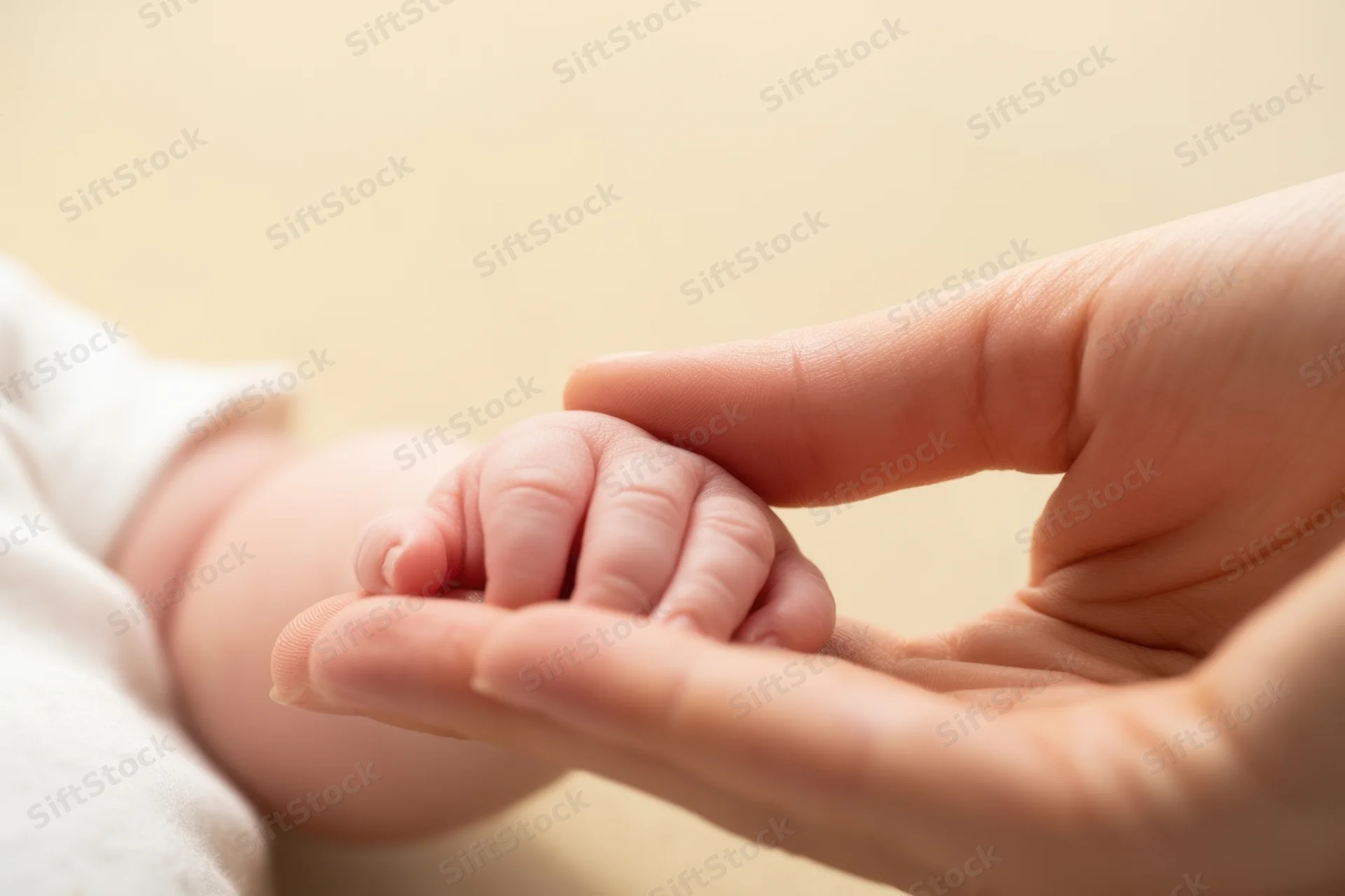 Adult hand gently holding baby's tiny hand in close-up view