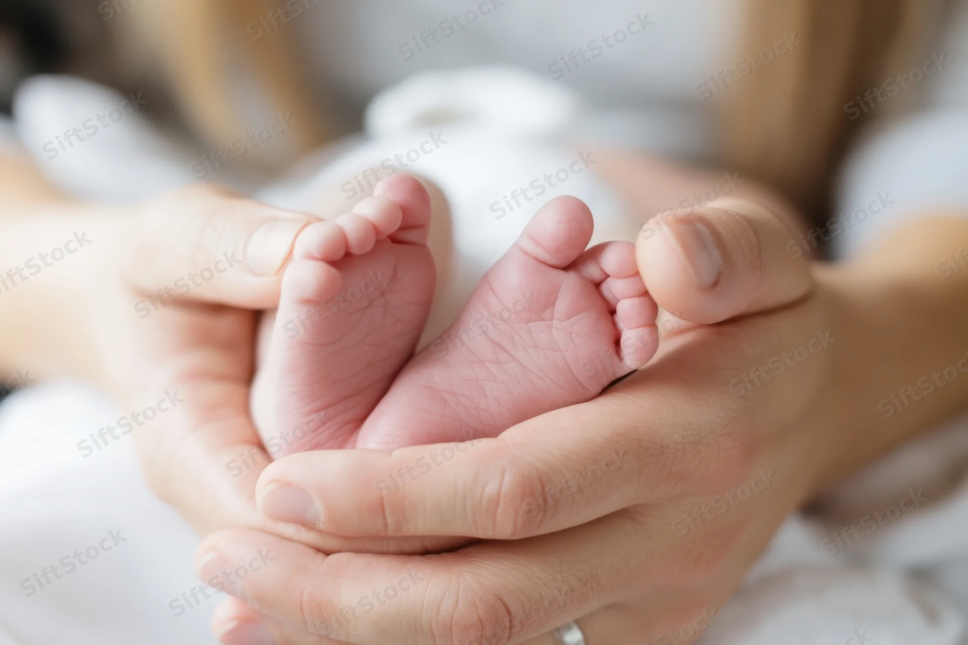 Newborn baby feet cradled in mother's hands closeup