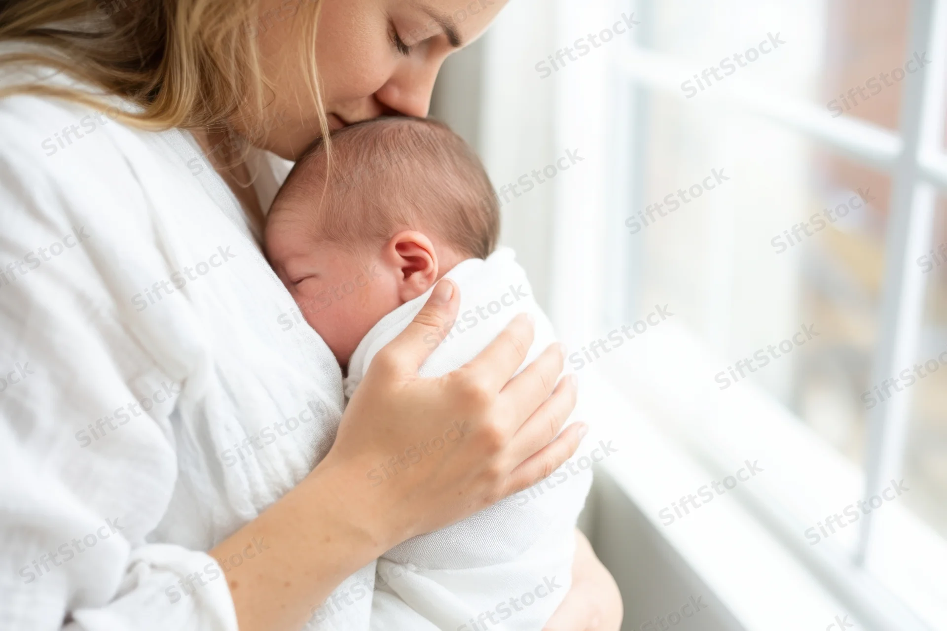 Mother cradling her sleeping newborn wrapped in white blanket near window