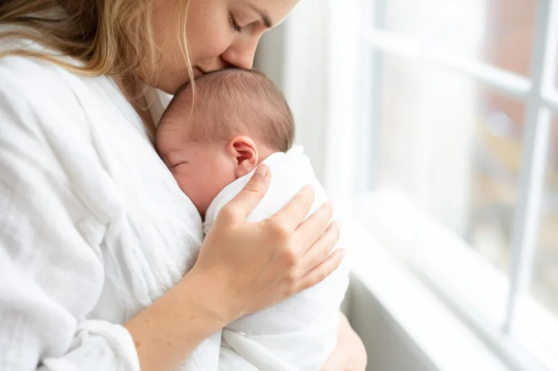 Mother cradling her sleeping newborn wrapped in white blanket near window