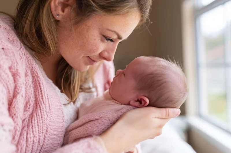Mother holding newborn baby wrapped in pink knitted blanket near window at home