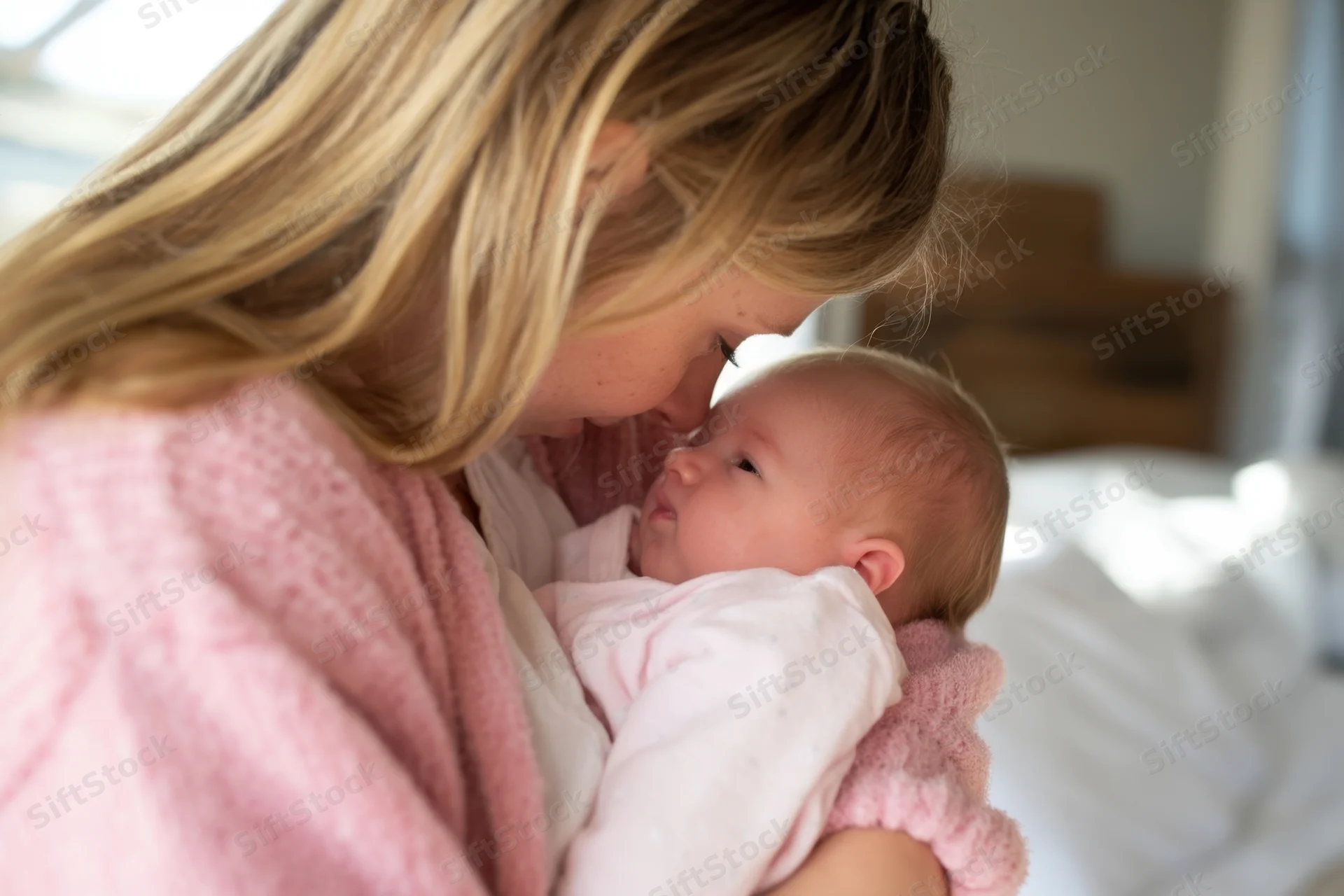 Mother holding newborn baby close in bedroom, both wrapped in pink blanket, face to face in tender moment