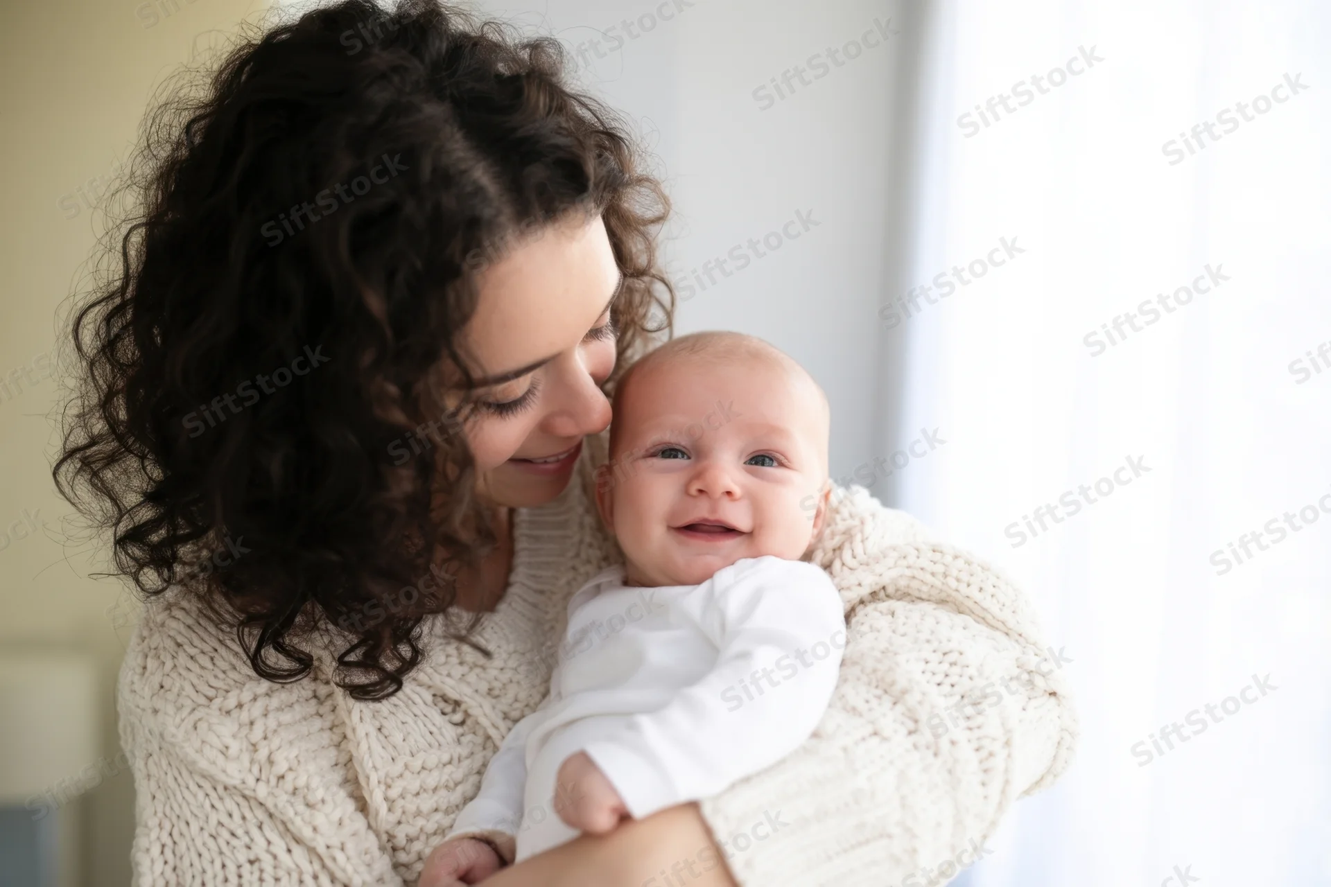 Mother holding newborn baby close in a cozy indoor setting