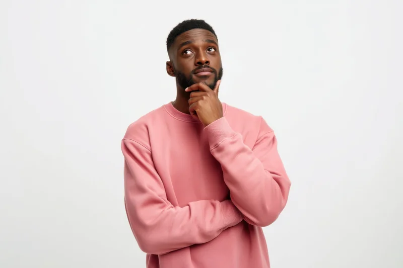 Thoughtful man in pink sweatshirt touching chin while looking up against white background