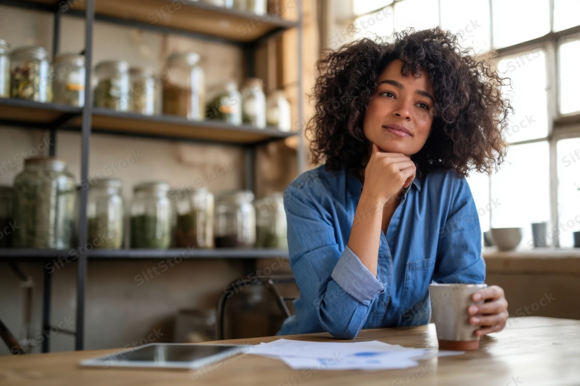 Thoughtful woman with curly hair in blue denim shirt sitting at wooden table holding mug with papers and tablet in front of shelves of jars filled with herbs and spices