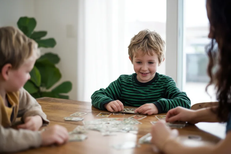 Two children and an adult playing cards at a wooden table in a bright home setting