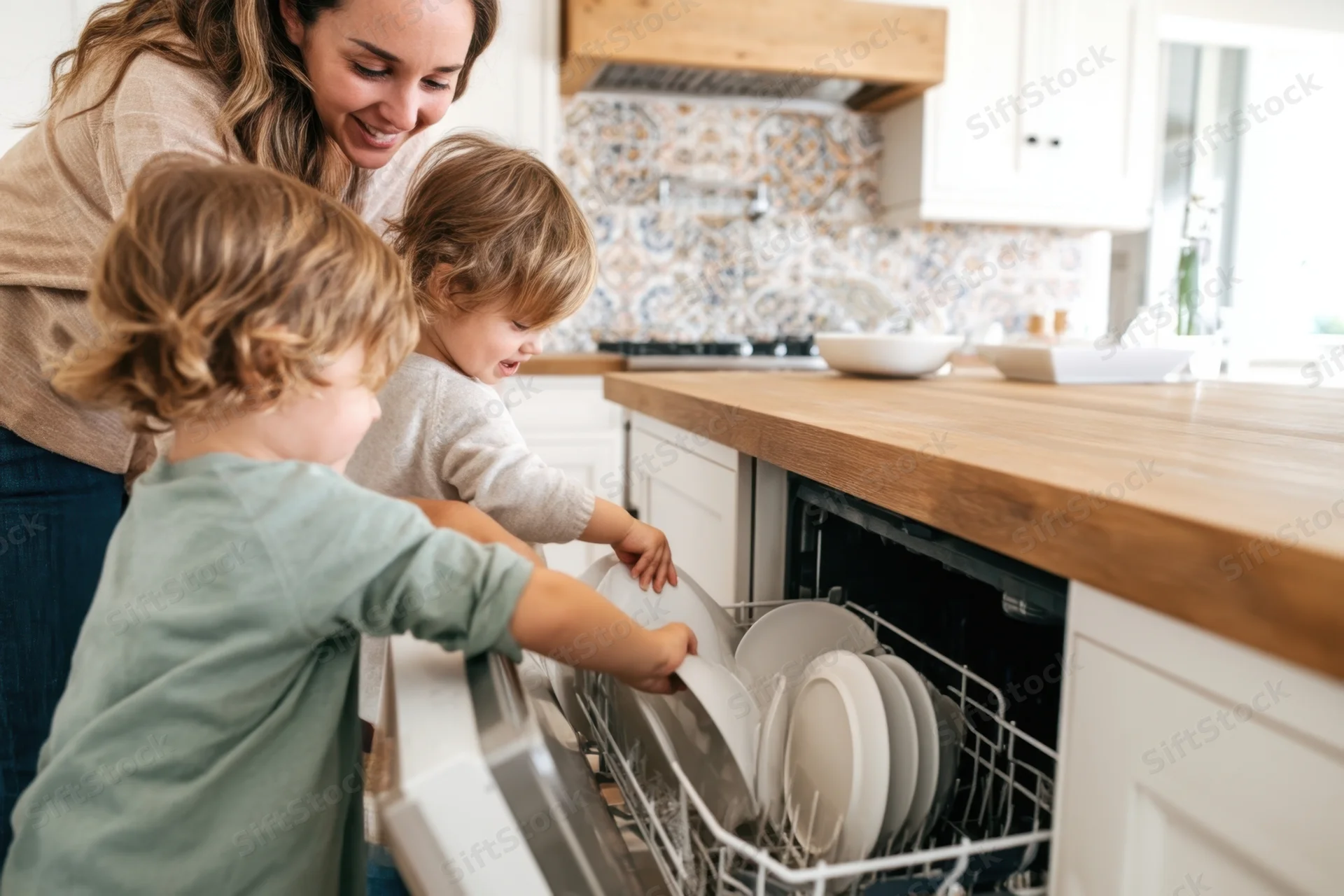 Woman and two young children loading dishes into a dishwasher in a bright kitchen