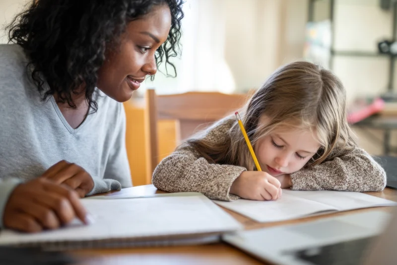 Woman assisting young girl with homework at wooden table