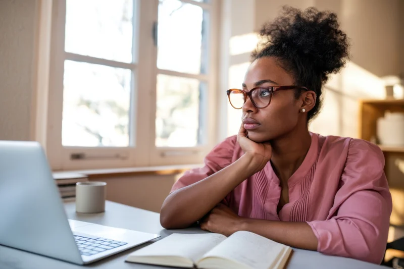 Woman in pink blouse thinking while working at desk with laptop and open book near window