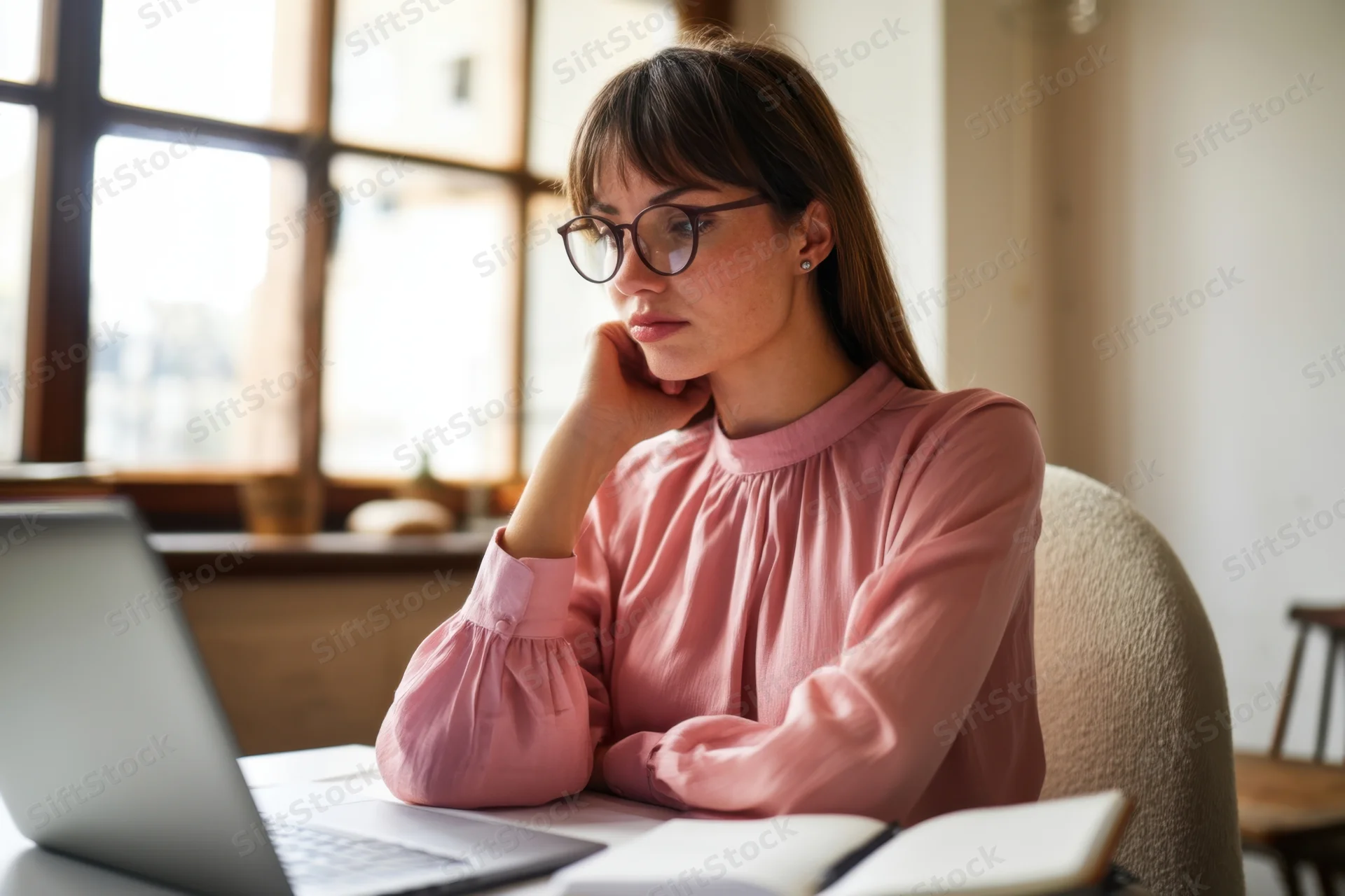 Woman in pink blouse thinking while working on laptop at desk near window