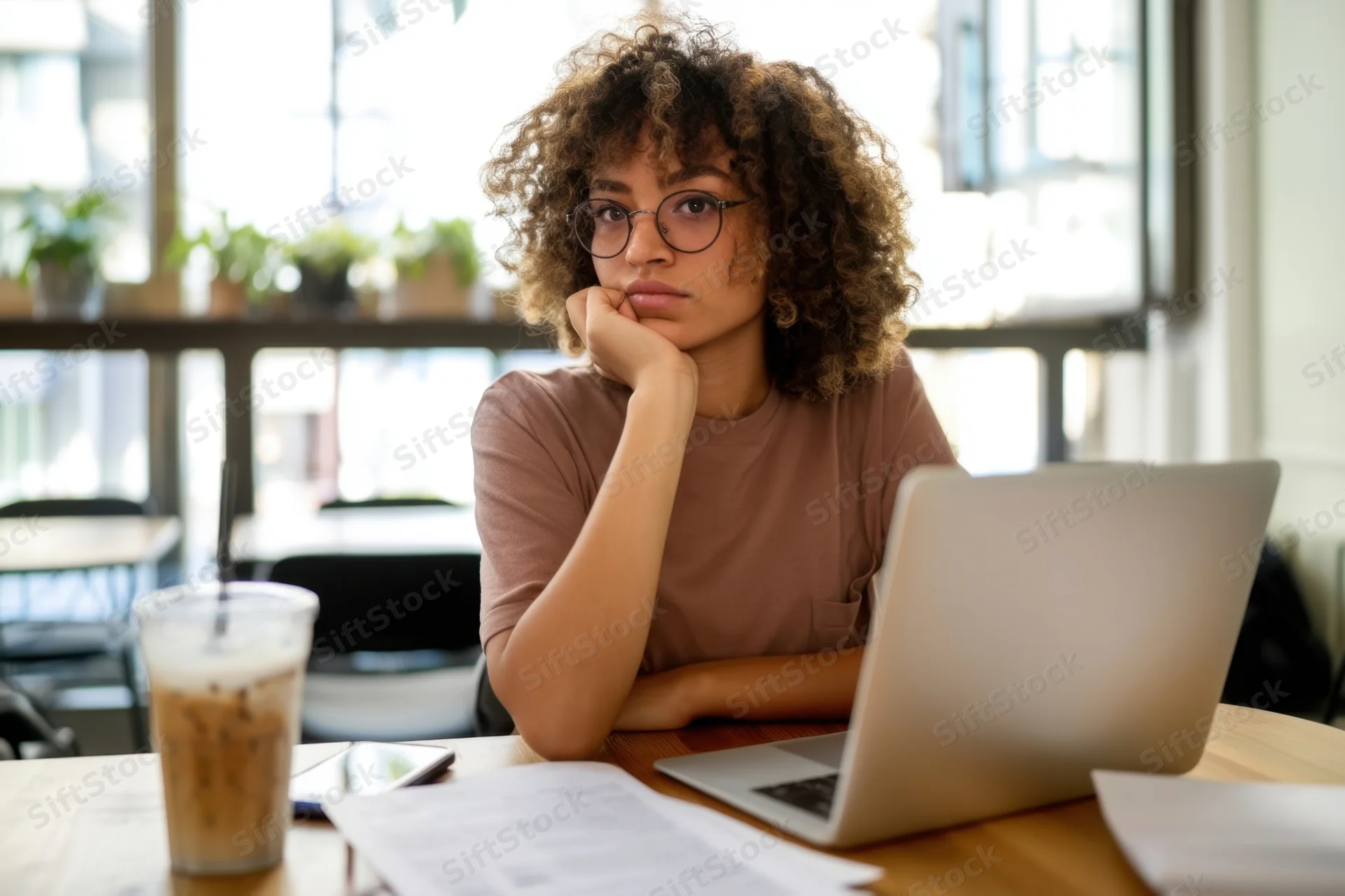 Woman with curly hair and round glasses sitting at cafe table with laptop, coffee, and papers, looking thoughtful