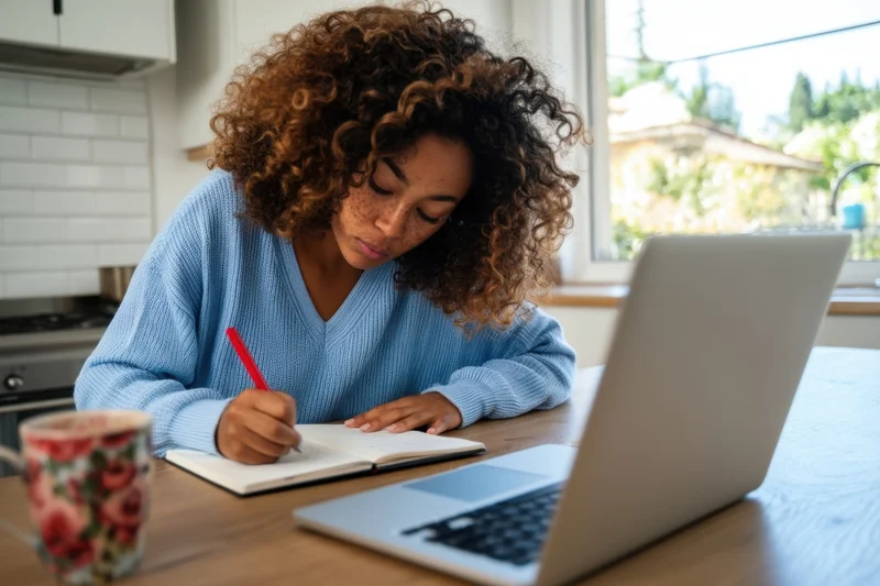 Woman writing in notebook at kitchen table with laptop open beside her