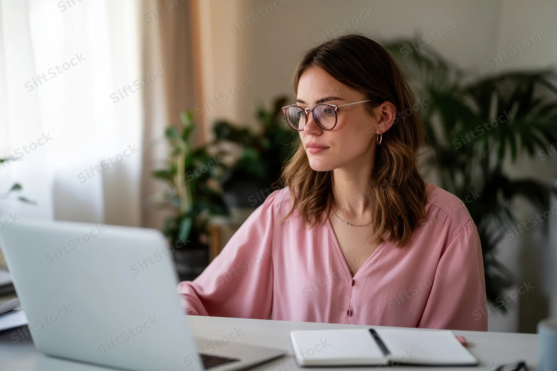 Woman with glasses in pink blouse working on laptop at desk in home office setting
