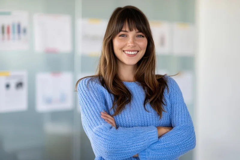 Woman smiling with arms crossed in office setting