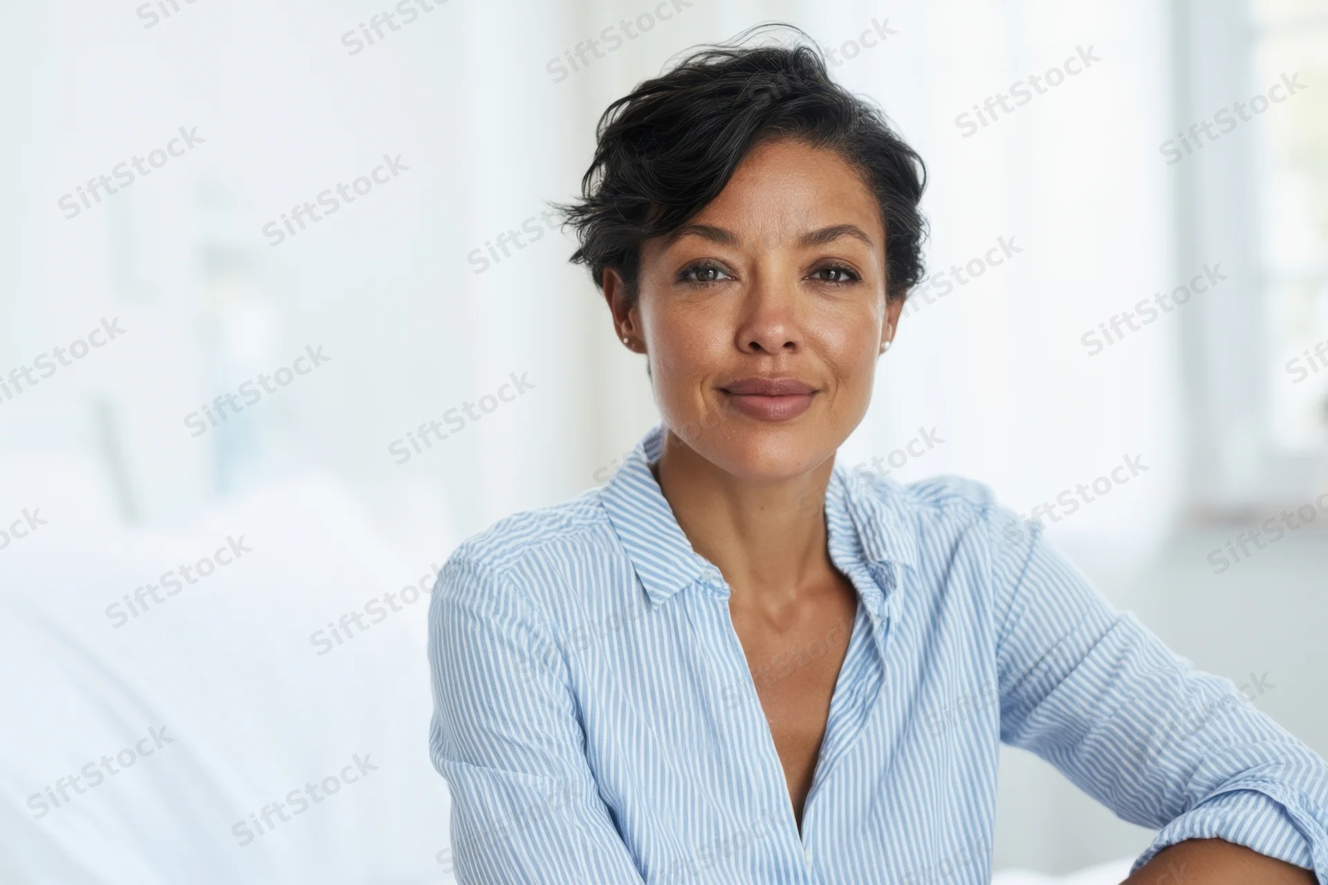 Woman smiling at camera in softly lit bedroom wearing blue striped shirt