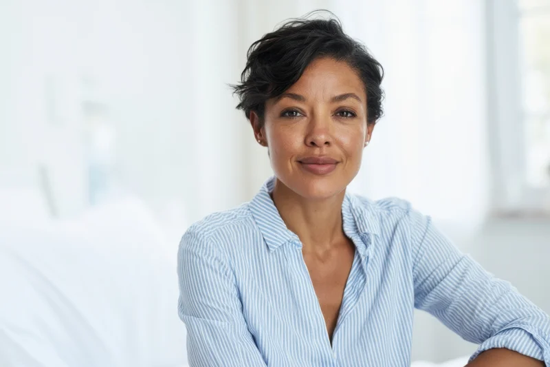 Woman smiling at camera in softly lit bedroom wearing blue striped shirt