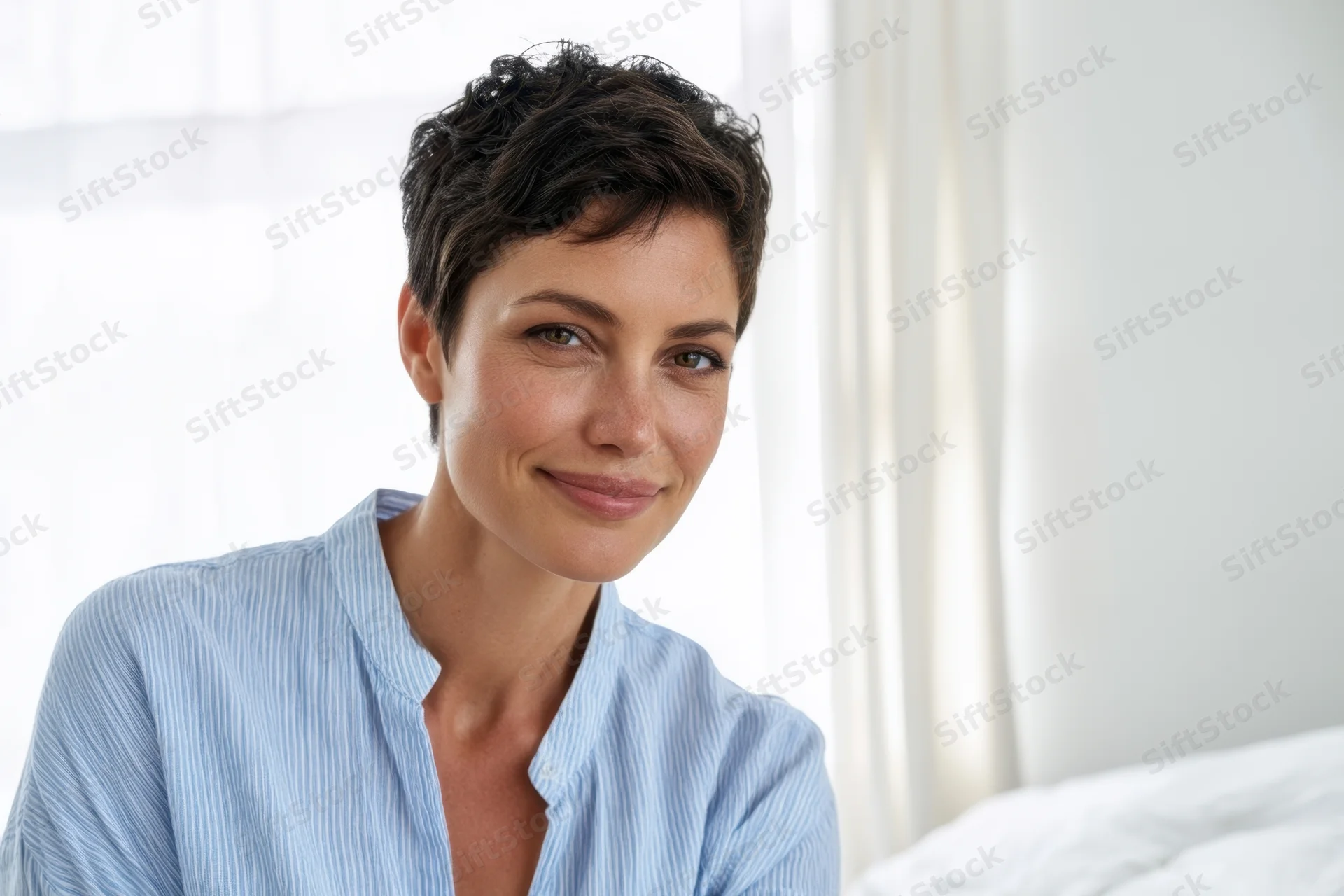 Woman with short dark hair smiling softly in a bright bedroom wearing a blue striped shirt