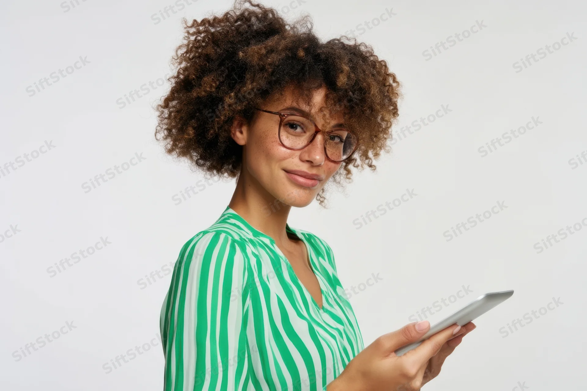 Woman holding tablet and smiling in studio setting