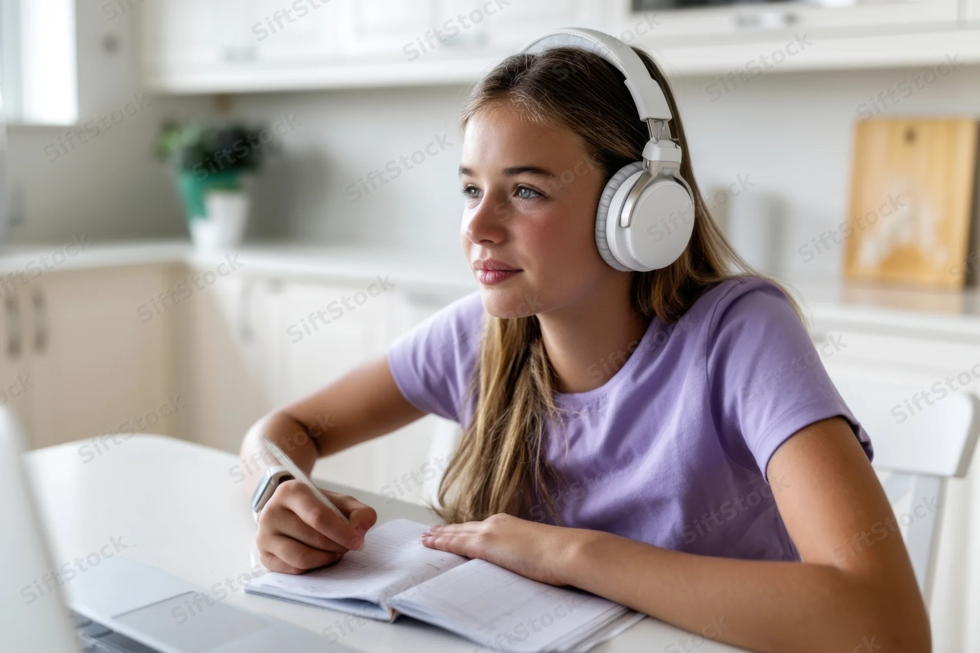Young girl studying with headphones and notebook at kitchen desk