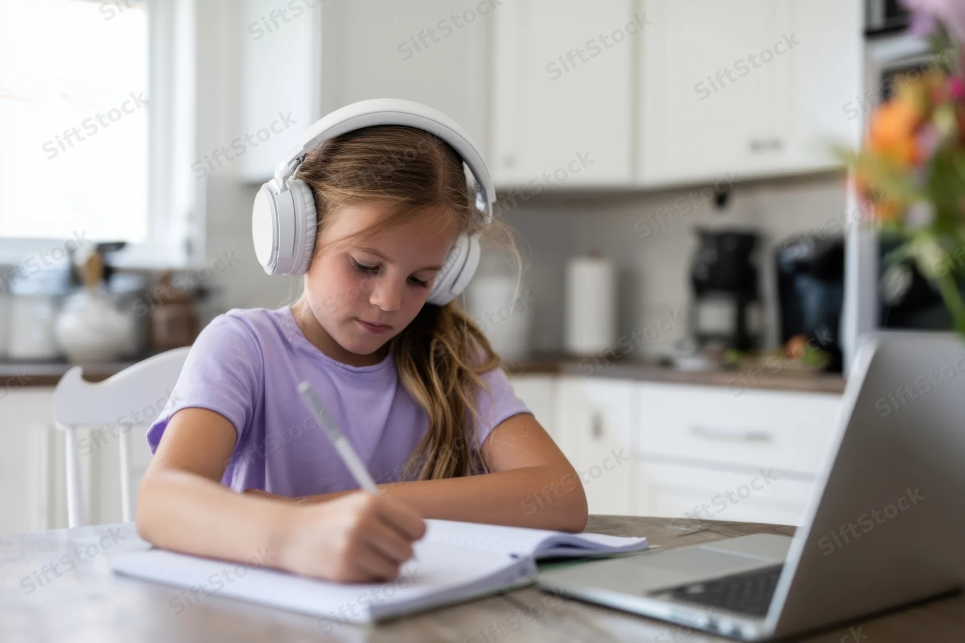 Young girl wearing white headphones writing in notebook at kitchen table with laptop open beside her