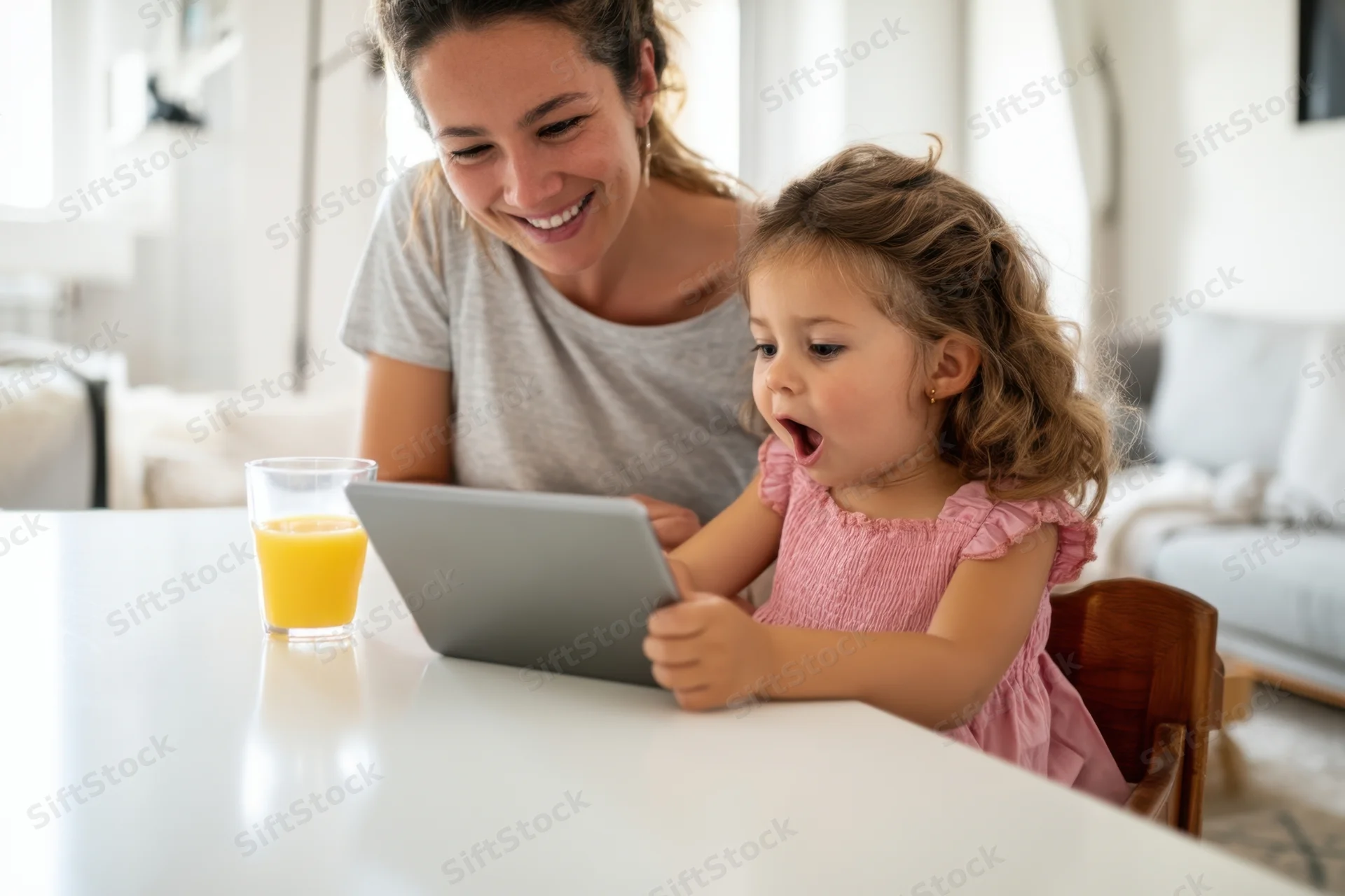 Young girl in pink dress using tablet with smiling mother at white dining table in living room