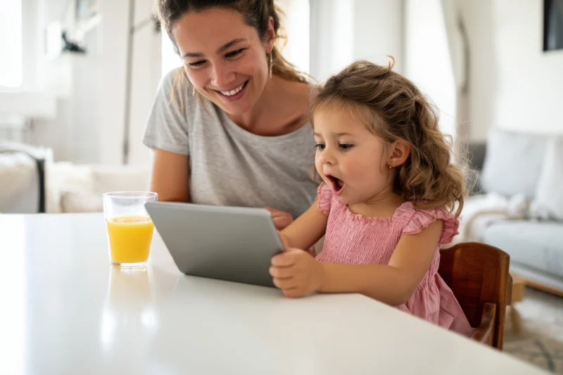 Young girl in pink dress using tablet with smiling mother at white dining table in living room