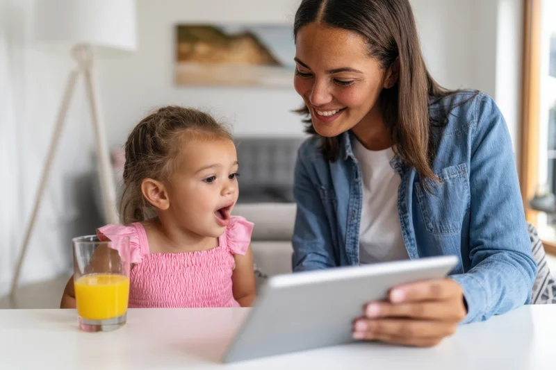 Mother and daughter using tablet together at white table in home setting