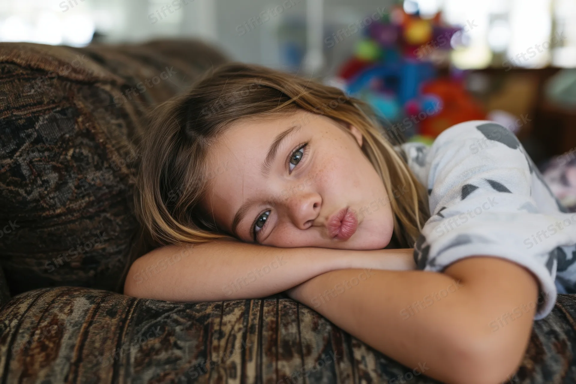 Young girl lying on patterned couch with arms crossed and head resting on hands