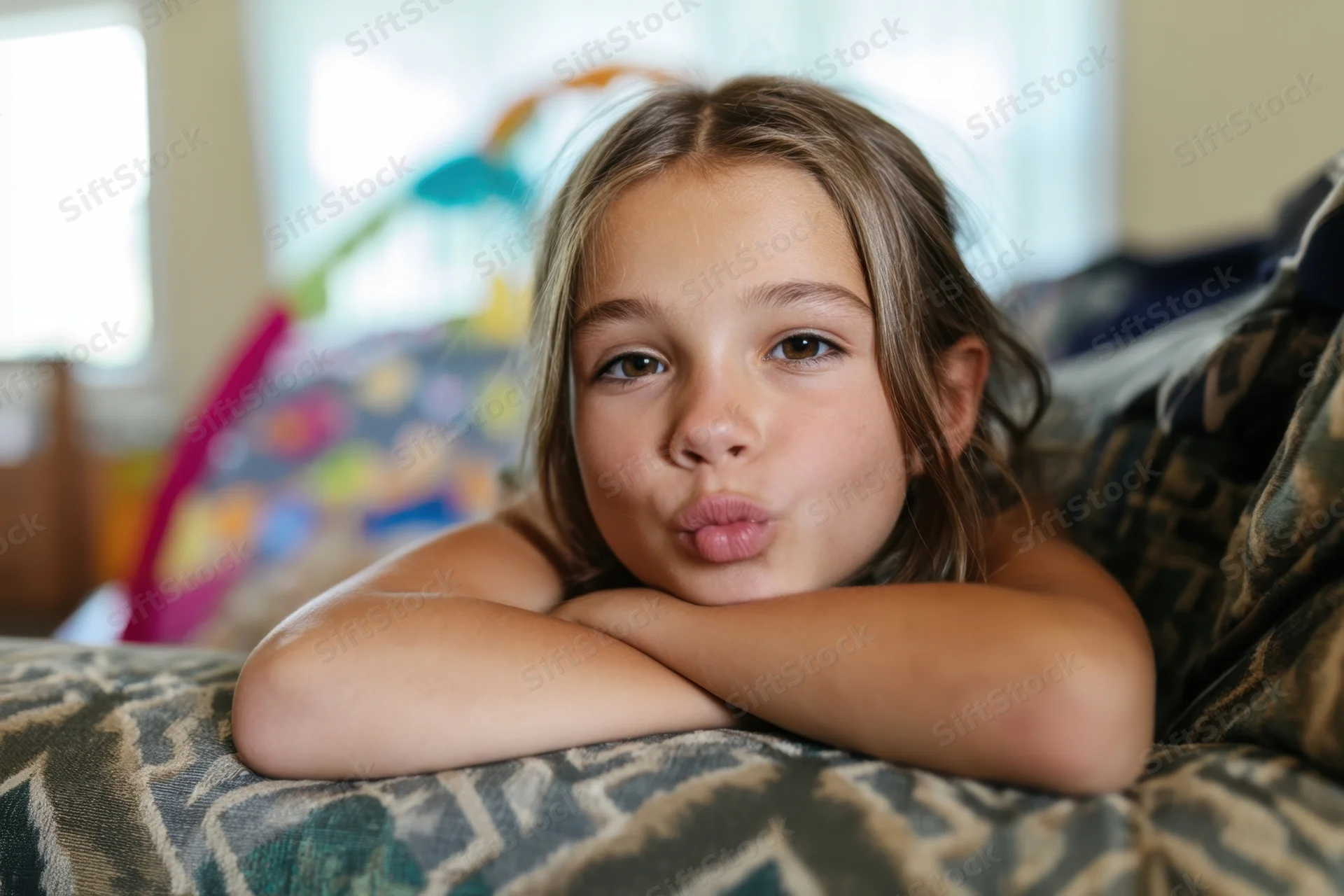 Young girl lying on patterned couch with arms crossed and pouting lips