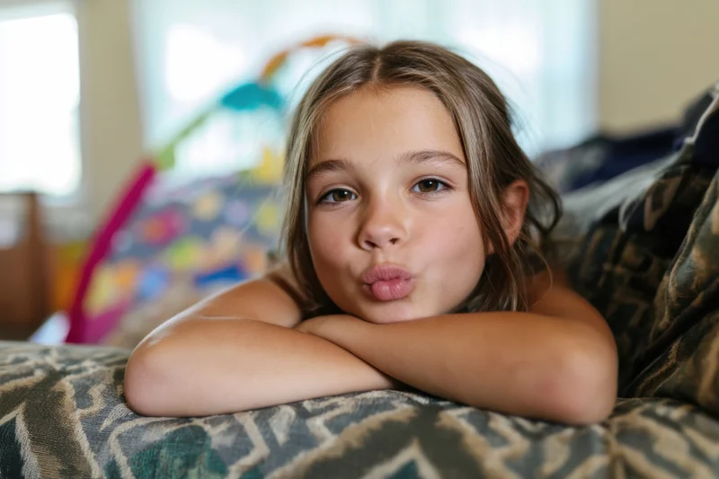 Young girl lying on patterned couch with arms crossed and pouting lips