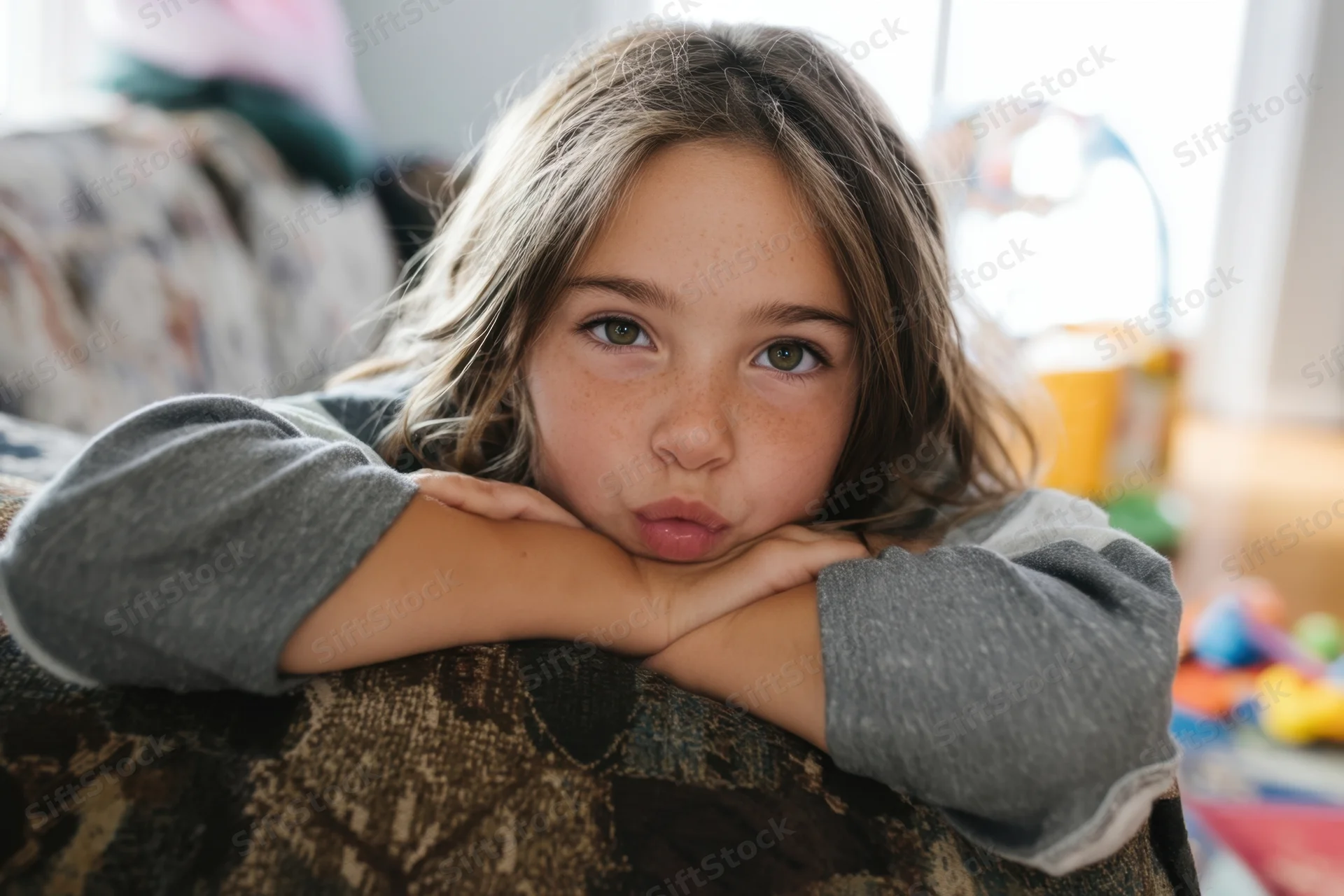 Young girl lying on patterned couch with arms crossed and chin resting on hands, pouting expression indoors