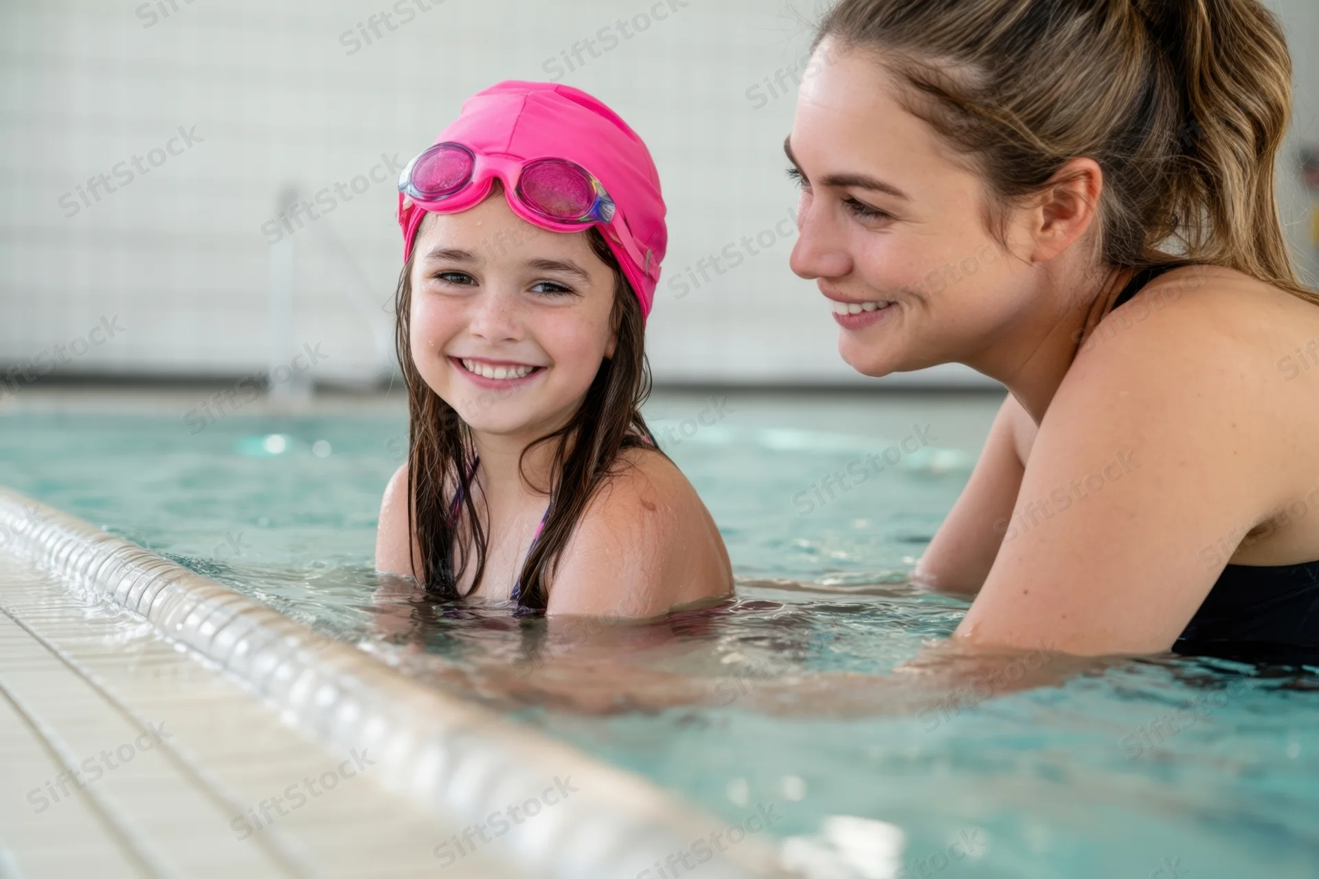 Young girl in pink swim cap and goggles smiling in pool with woman instructor beside her