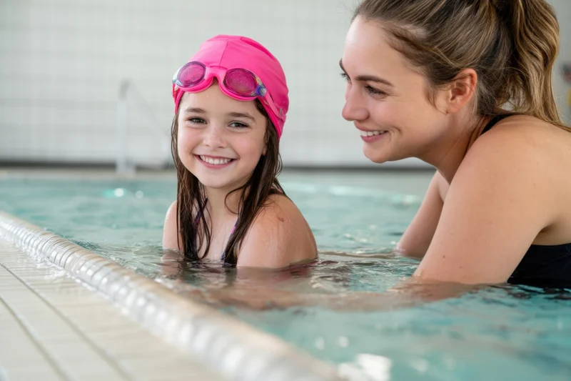 Young girl in pink swim cap and goggles smiling in pool with woman instructor beside her