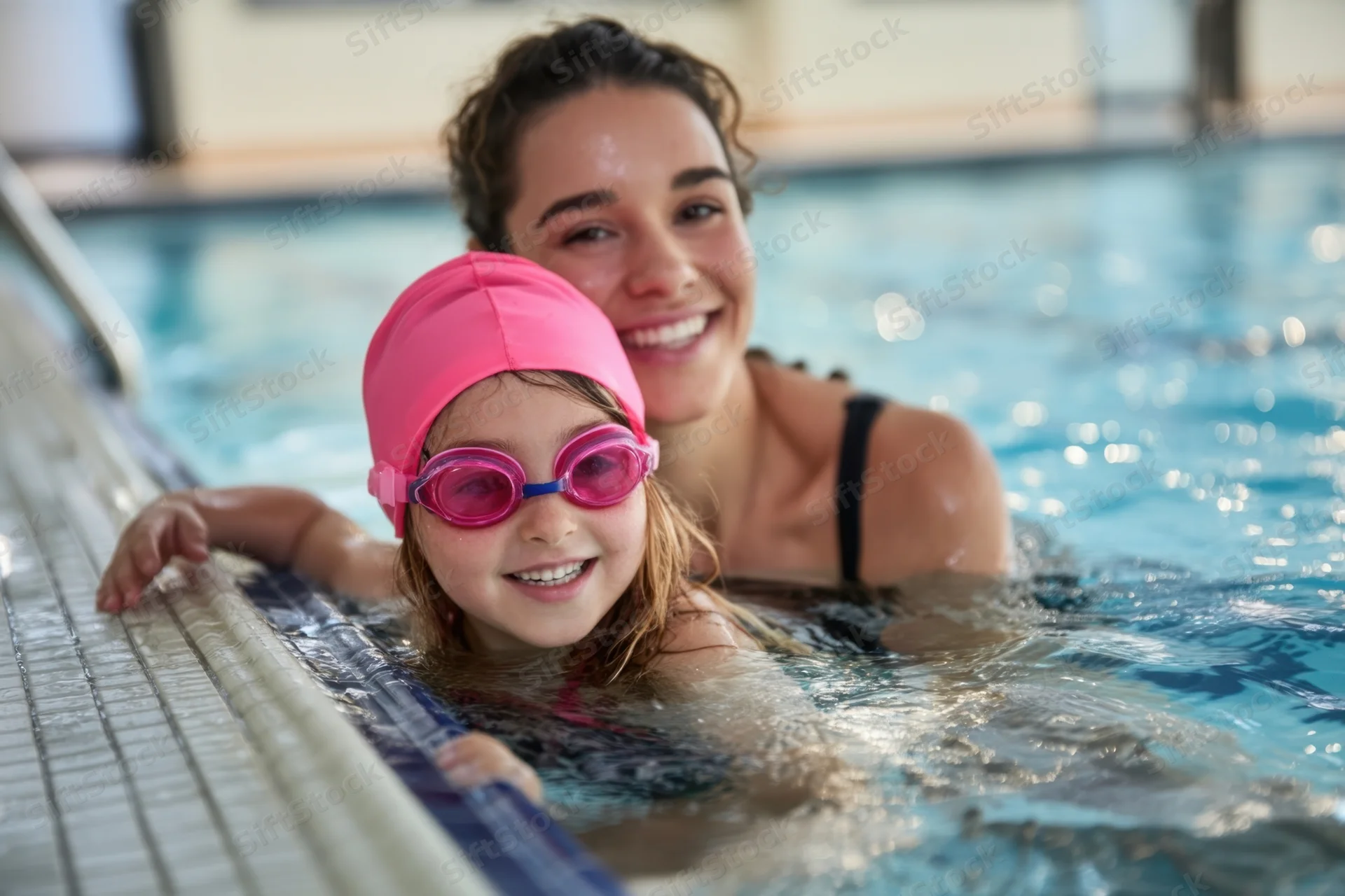 Young girl in pink swim cap and goggles smiling at pool edge with woman in water behind her