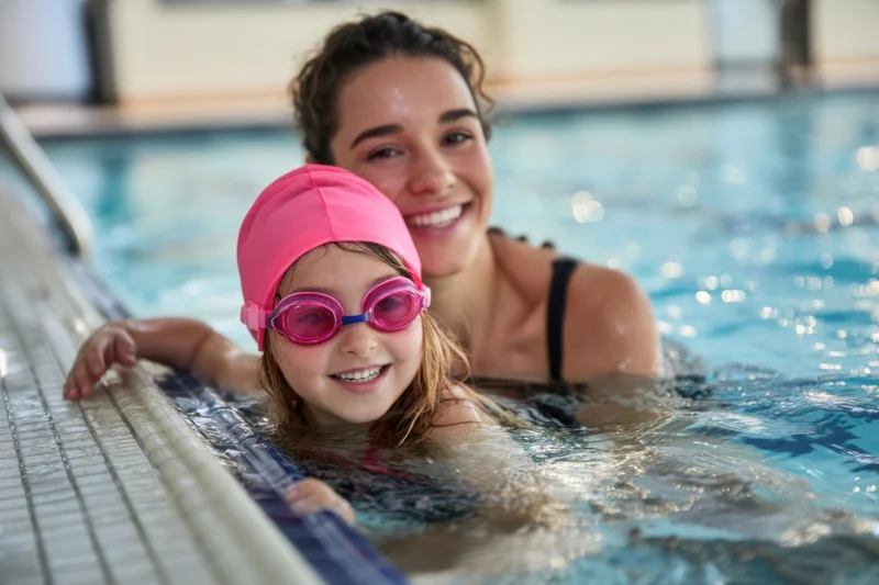 Young girl in pink swim cap and goggles smiling at pool edge with woman in water behind her