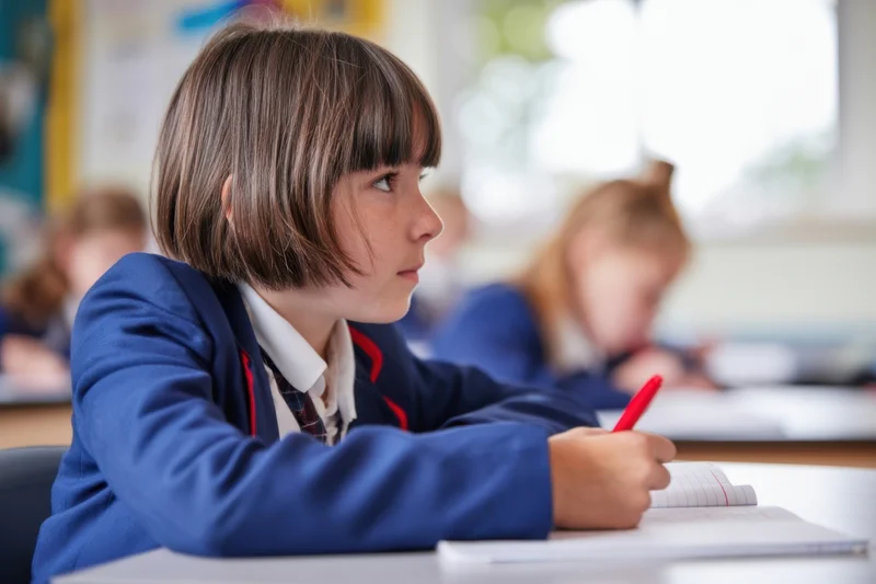 Young girl in blue school uniform writing in notebook at desk in classroom