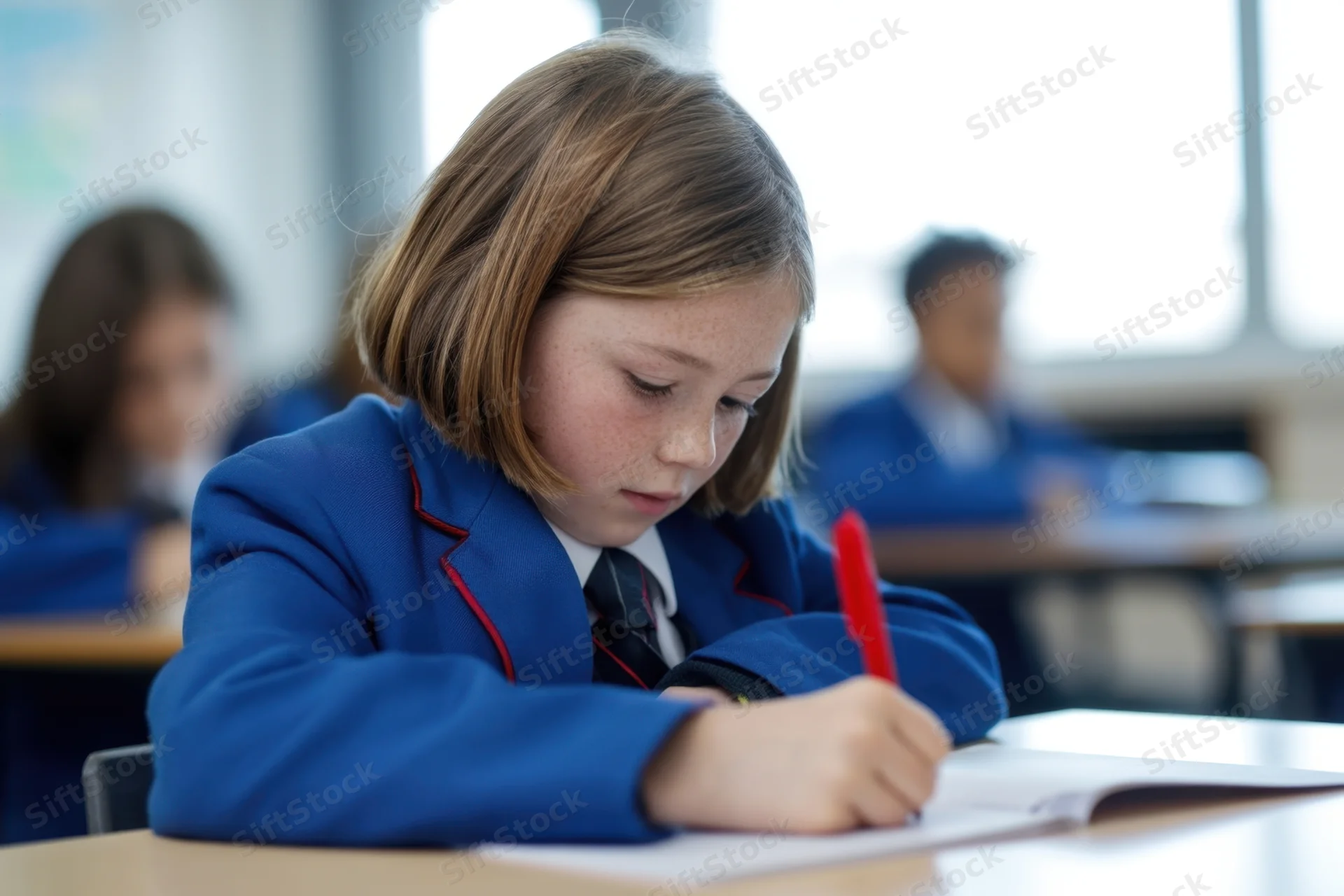 Young girl in blue school uniform writing in notebook at desk in classroom