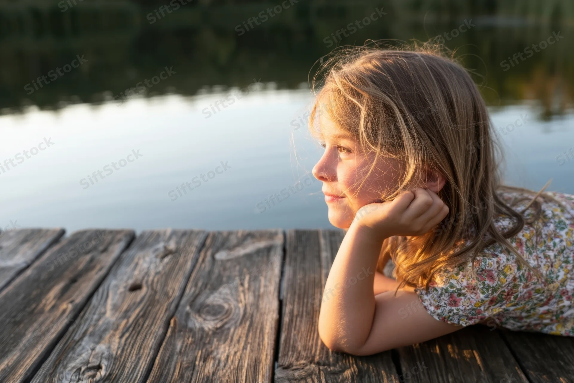 Young girl lying on a weathered wooden dock by a calm lake at sunset