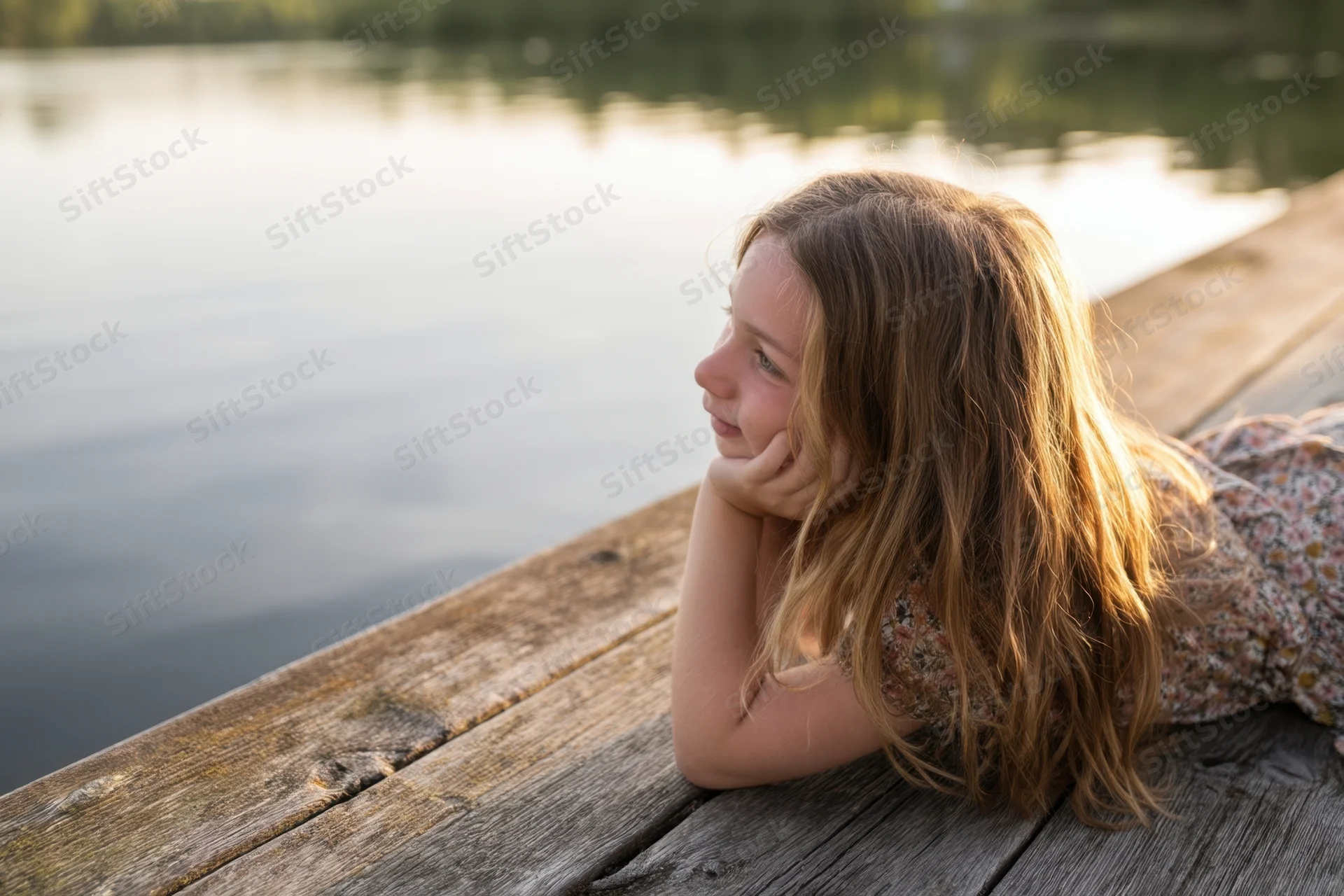 Young girl lying on a wooden dock by a calm lake, gazing into the distance at golden hour