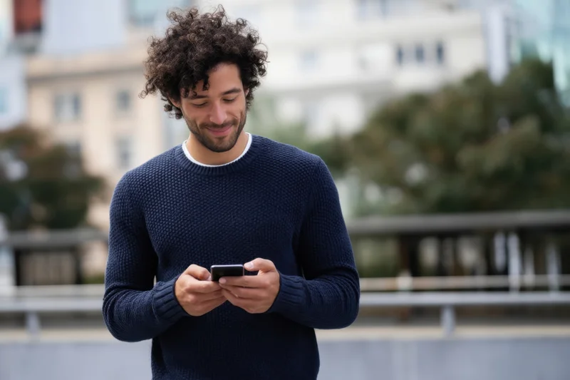 Young man with curly hair and beard smiling while texting on smartphone outdoors in city setting