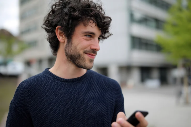 Young man with dark curly hair and short beard smiling while holding smartphone outdoors in city setting